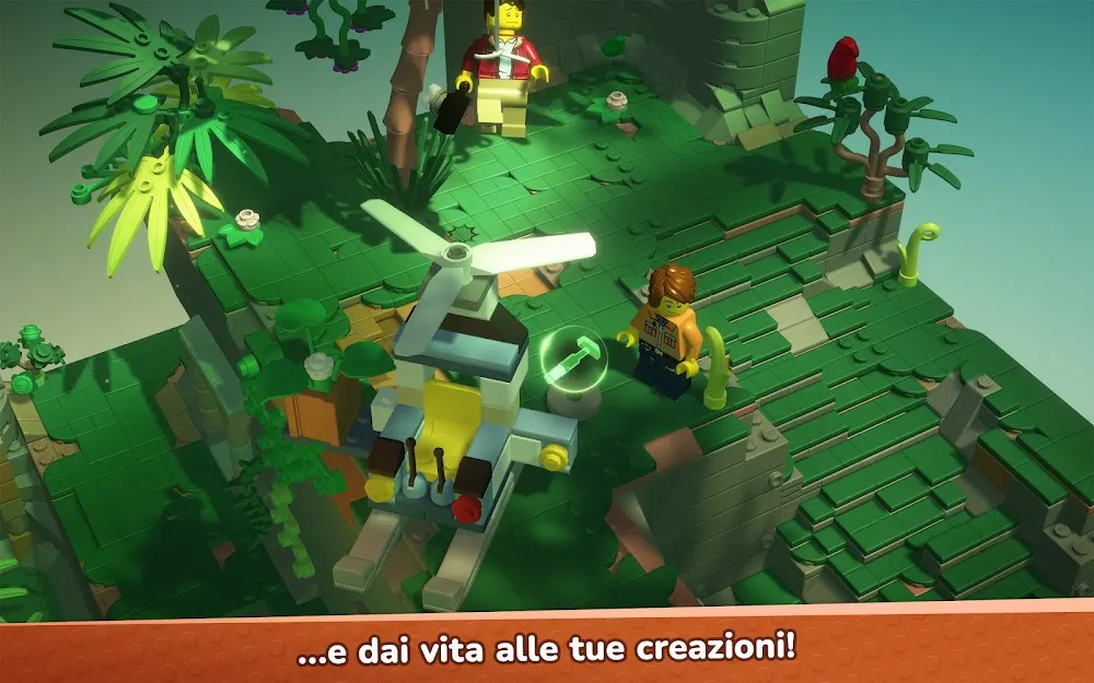 Schermata ufficiale di LEGO Bricktales in italiano: un elicottero di mattoncini costruito dal giocatore su un diorama di giungla, con la scritta e dai vita alle tue creazioni.