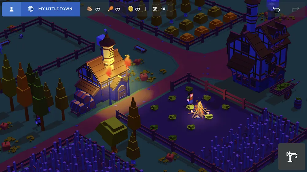 Schermata ufficiale di Pocket Build: un villaggio isometrico di notte con una chiesa illuminata, staccionate e un falò acceso in un recinto.
